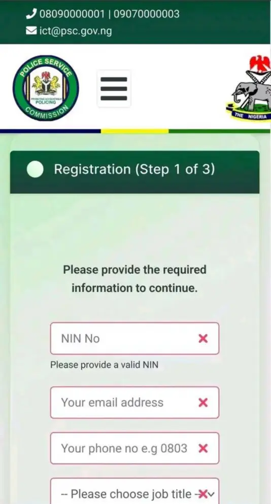 Nigerian Police 2025 recruitment portal official screenshot for applicants